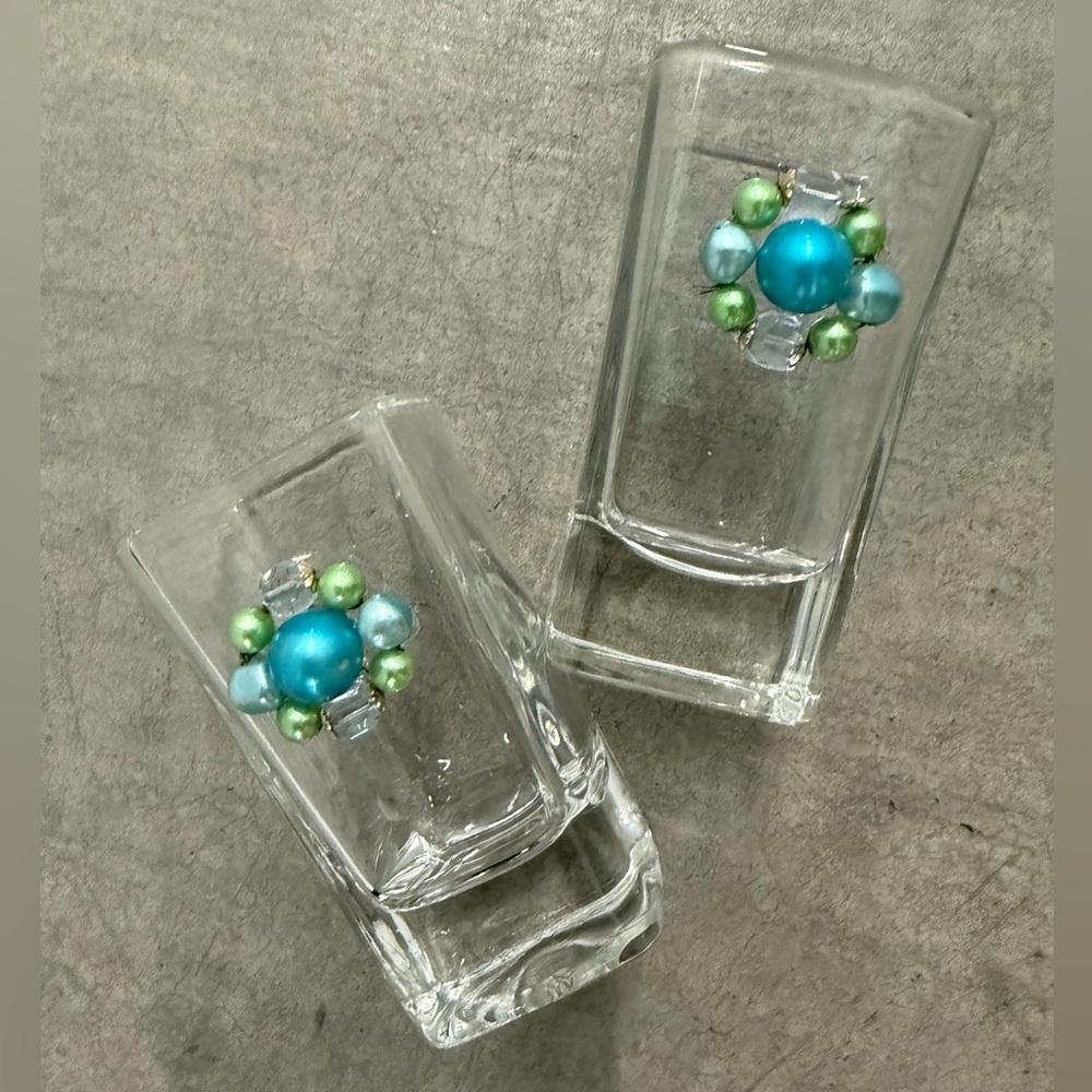Set of 2 Teal/Blue/Green Beaded Custom Designed Shot Glasses